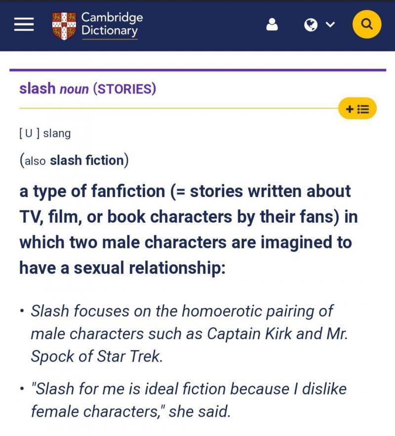 Slash 슬랭 남성 캐릭터가 성적인 관계를 맺는 것을 상상하는 픽션의 일종 Slash는 캠브릿지 사전에도 실린 슬랭이고 의미는 '남성간의 성적인 관계'를 기본적으로 포함하고