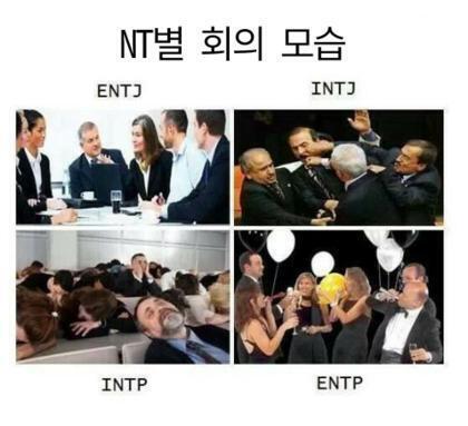 NT들끼리 각각 모여서 회의할 ENTJ 회사에서 할법한 진지한 회의 INTJ 서로 디스해댐 INTP 졸고있음 지루해함 ENTP 회의라기보다 화기애애한 파티