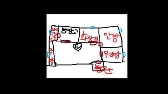 아무튼 내가 동생이랑 같이 방을 쓰고 외숙모랑 외삼춘 같이 방쓰고 엄마는 가끔 오면 우리 방에서 같이 자고 안방, 우리방, 화장실, 부엌과 거실
