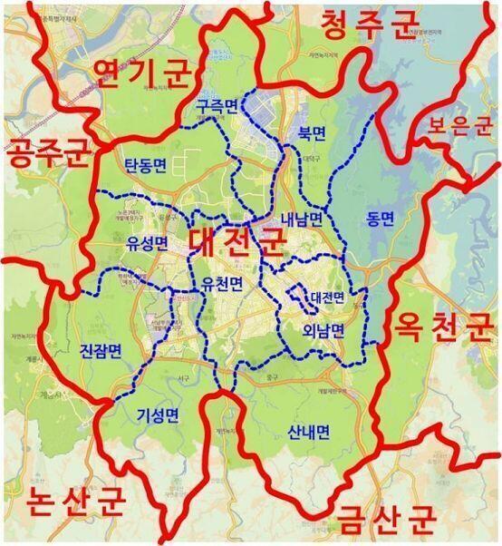 (대전군 지도) 대전군 유천면이면 지금 대전 중구 일부하고 서구 일부 지역인데... 대전군은 1914년부터 1935년까지 존재했던 행정 구역이고