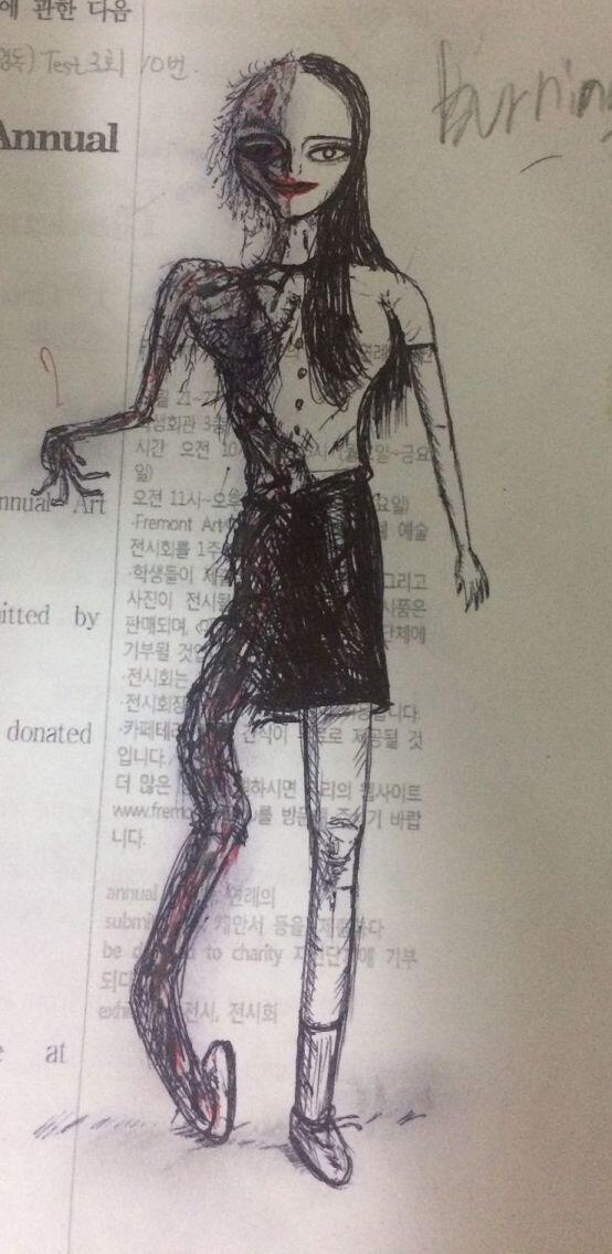 내가 그림은 그렇게 잘그리진 않지만 이렇게 생겼었어... 처음에는 그냥 평범한 여고생(교복을 입고있었어)이었는데 날이갈수록 불에 탄사람처럼 저렇