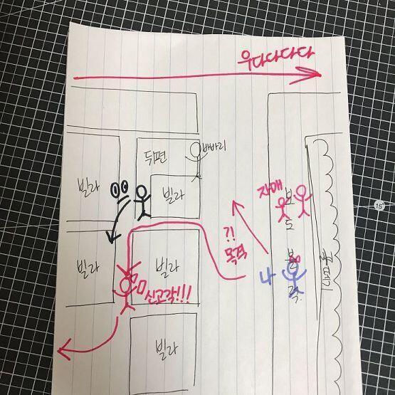 일케 튀었는데 학교를 가러면 꼭 저렇게 오른쪽 길로 가야하거든? 그 쪽으로 겁나 뛰고 있다가 그 달랑달랑 아저씨가 처음에 있던 그 자리를 쳐다봤