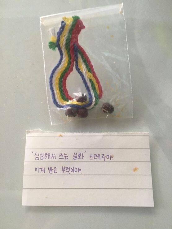 베개 찾았어! 이거 악몽을 물리쳐주는 부적이래. 내가 엄마한테 악몽을 자주 꾼다고 했더니, 엄마가 다니시는 절에 전화해서 스님에게 물어봤나봐. 