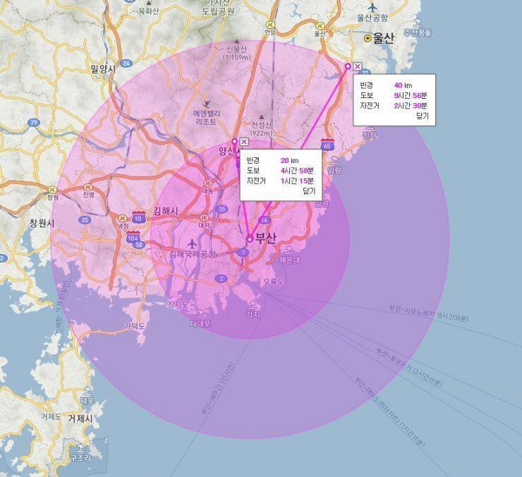 요거는 부산광역시청에 핵 1기가 명중했을 때 피해반경이 20km일 때와 40km일 때를 가정해 본 거. 여기에서의 '피해'란, 폭발 시의 엄청난