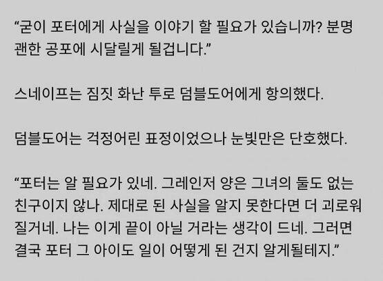 이런 공정한 서술에도 사육사라느니 웅앵웅 분탕질을 치면서 덤블도어 머리채 잡는게 스네이프 빠들임 2018년에 아직도 ㅋㅋㅋㅋ 스네해리(엇) 꽤
