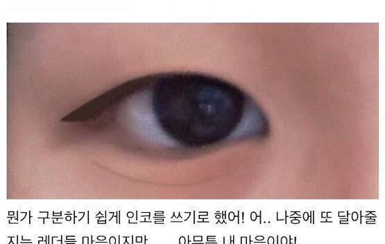 >>33 보기편하게 일부러 티나게 그렸어 저런식으로 아이라인도 그리고 애굣살도 그리면 될 것 같아 그렇게 어려운 눈이 아닌 것 같은데?? 좀만