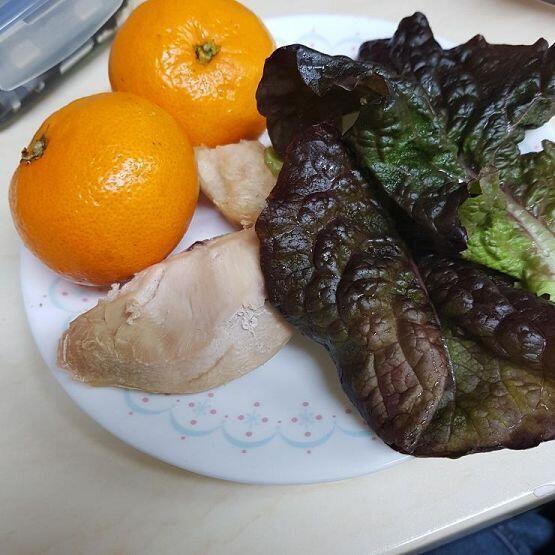 저녁 식단 귤 2개 닭가슴살 50g 상추 2장