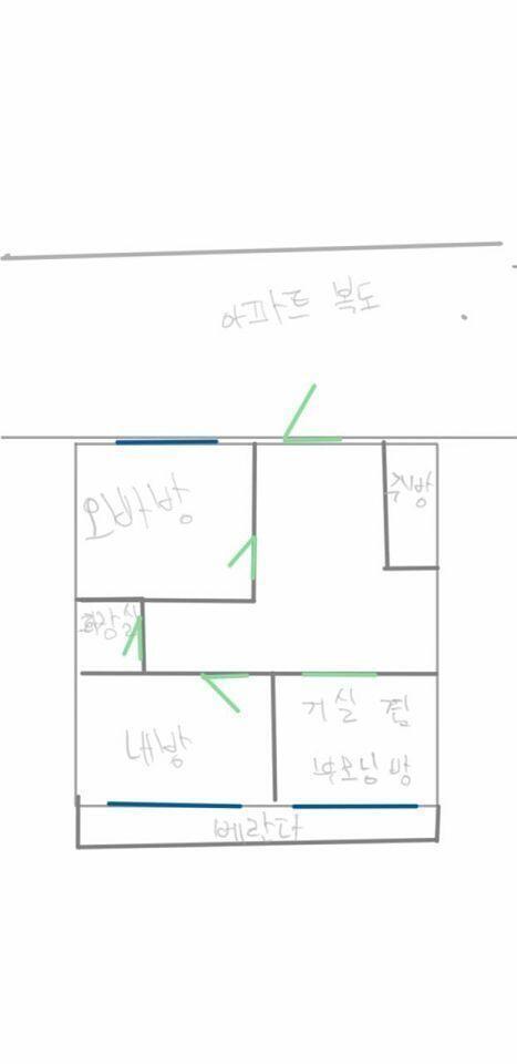 대략적인 우리집 구조야 오빠방의 파란색 부분은 창문인데 열면 아파트 복도랑 연결돼있고 불투명하게 모자이크 처리 된 두꺼운 유리, 잠금장치가 달린