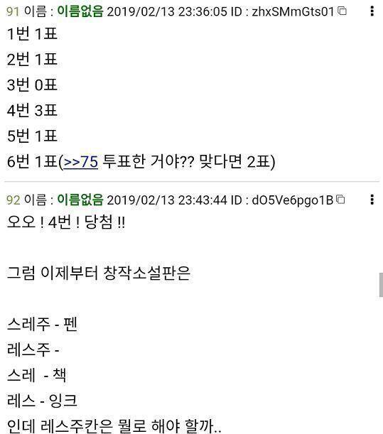 알려줄게 있어! 주민들 이름정하기 스레에서 투표결과, 스레주 - 펜 / 레스주 - 독자 / 스레 - 책 / 레스 - 잉크 로 나왔어!
