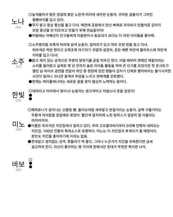 나 왔어! 지금까지 한거 정리하고 남은 앵커는 다시 걸게 >>50 한빛이는 어떤 캐릭터야? 과거는 어때? >>51 바보의 외형은? >>52 바보
