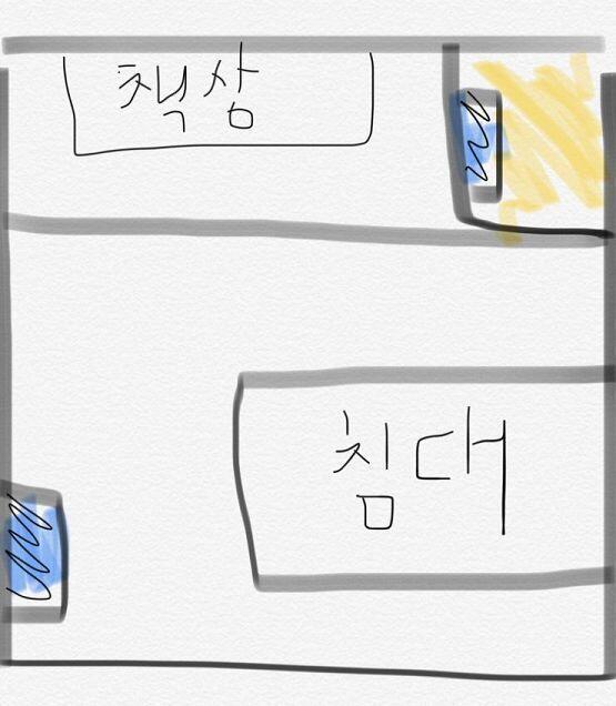 들어줄사람 없을수도 있겠지만 적을게 우선 꿈이야기를 하기전에 예전에 살던 내 방 구조를 말해줄게. 사진에서 파랑색은 문이고 내방에 들어가면 작은