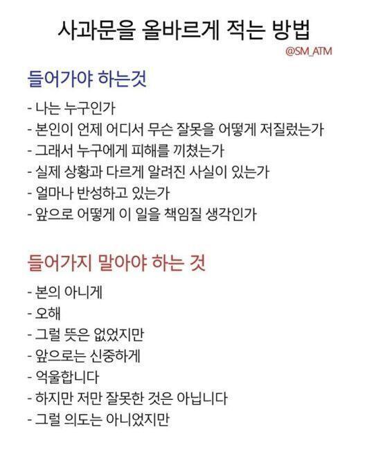 위에는 사과문 필수요소&금지어 아래는 사과문의 정석이라고 불리는 이재용 사과문 물론 이런 것도 중요하지만 가장 중요한 건 진실된 마음과 태도라는