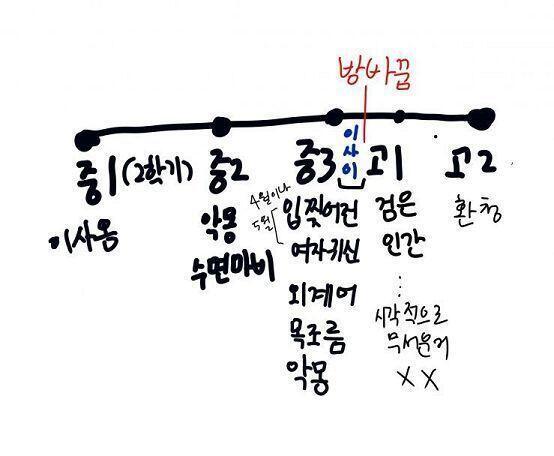 이건 보기 좀 편하라고 타임라인 만들어봤는데 옛날일은 정확히 언제인지 잘 모르겠어서ㅠㅠㅜ참고만 해줘! 이사오기전에는 수면마비도 없었구 잠자는데