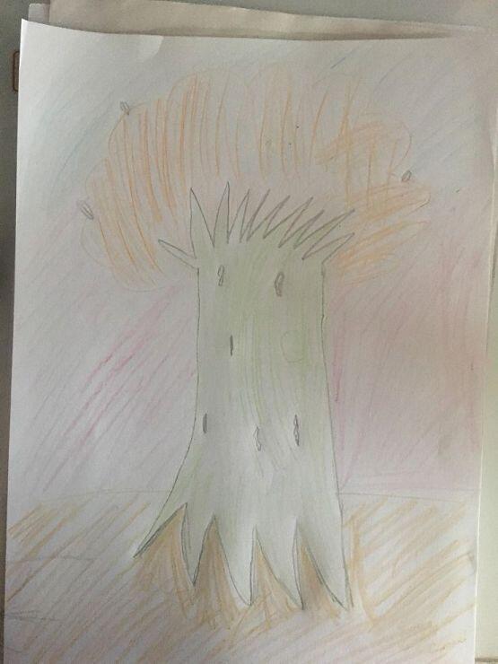 그림 못그려서 대충 그린 감이 있는데 나도 해줘 .. 나무 몸통은 초록색이고 나뭇잎은 전체적으로 주황색이고 잎 세개는 검은색 몸통에는 상처가 조