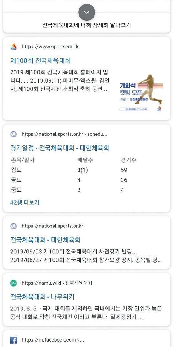 모바일로 구글에 전국체전 네 글자 입력하니까 바로 사이트 나온다