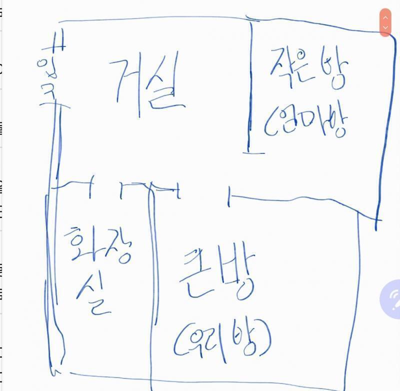 일단 대충 그려본 우리 집 구조야! 내가 본건 항상 엄마방에서 나와서 거실 쪽으로 사라졌어