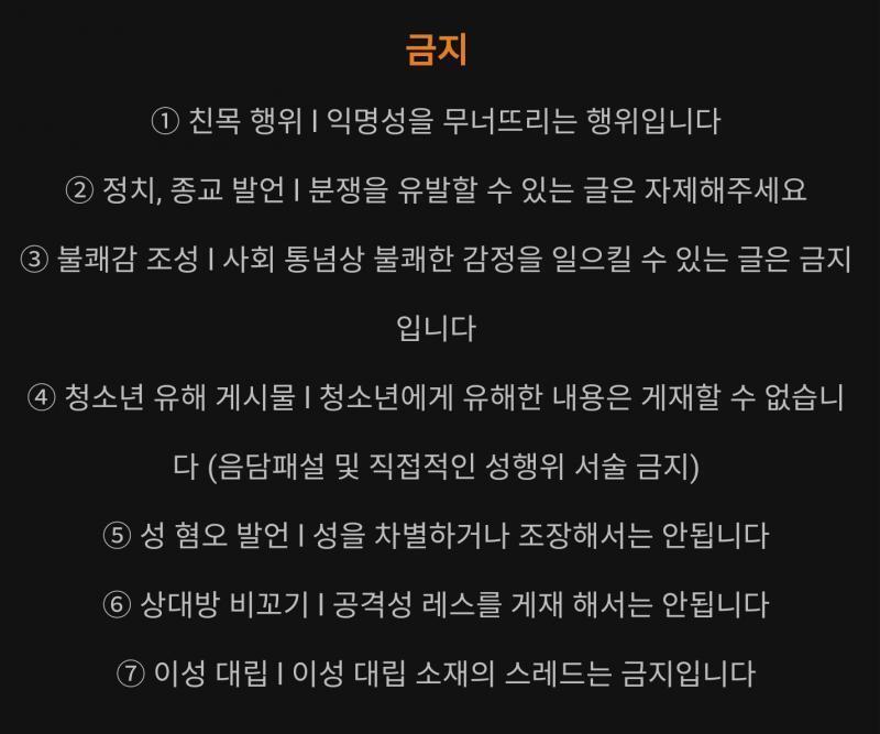 금지 사항에 짧은, 혹은 일회성 스레를 금지하는 항목은 없다. 하지만 경고 사항에 암묵의 룰 금지는 적혀있다. 일회성 스레를 세우지 말라는 것은