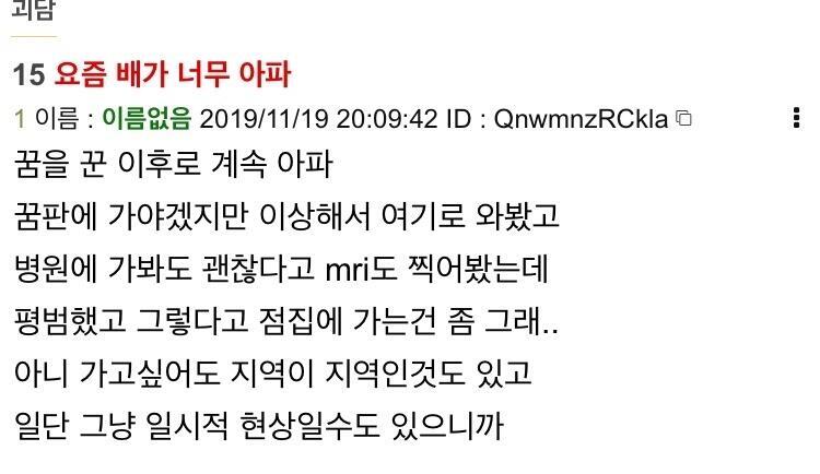니가 첫 스레어서 배가 아파서 mri로도 찍어봤다묘