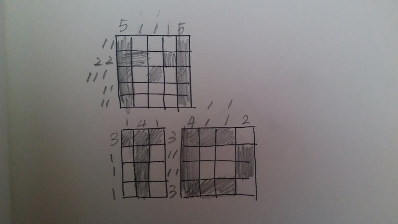 그냥 떠오른 아이디어인데 네모네모로직을 이용해 문제를 내도 재미있겠다. 3×4// 1/4/1// 3/1/1/1이 T 4×4// 4/1 1/1 1