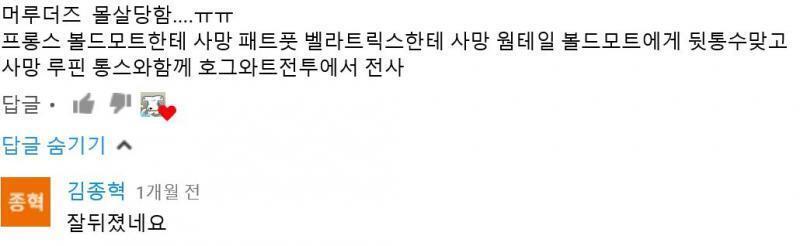 그리고 얘네들 머로더즈들 다 몰살당해서 슬프다는 댓에 잘 뒤졌다 이런 답글 왜 달아?? 이거 볼드모트같은 절대악 상대로 그래도 쌈박이 날텐데 왜