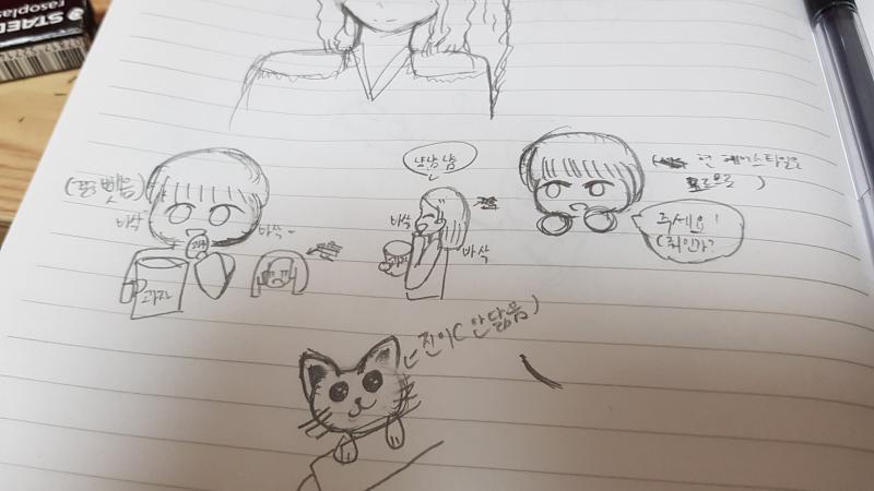 내친구가 자기 동생 그려달래서 그린 그림... 냠냠냠을 먼저 보고 뒤로갔다 앞으로 가면 돼 고양이도 지인네 고양인데 하나도 안닮ㅇ았어... 그