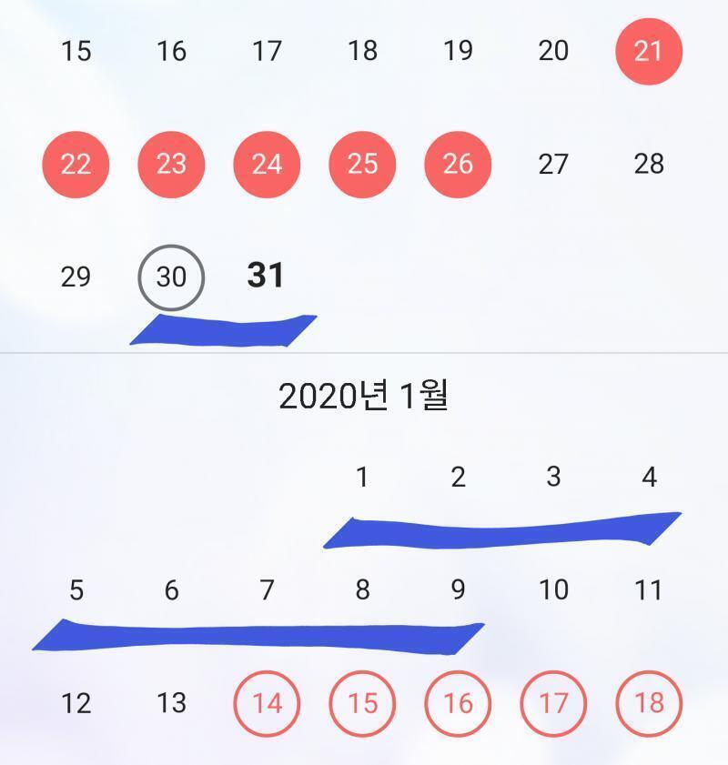 ㅇ니 얘들아 나 냉이 진짜 미친듯이나와 사진에 파란색 표시한게 냉 나오는 기간인데 저 기간 내내 진짜 움직일때마다 생리 이틀째 생리혈의 2~3배