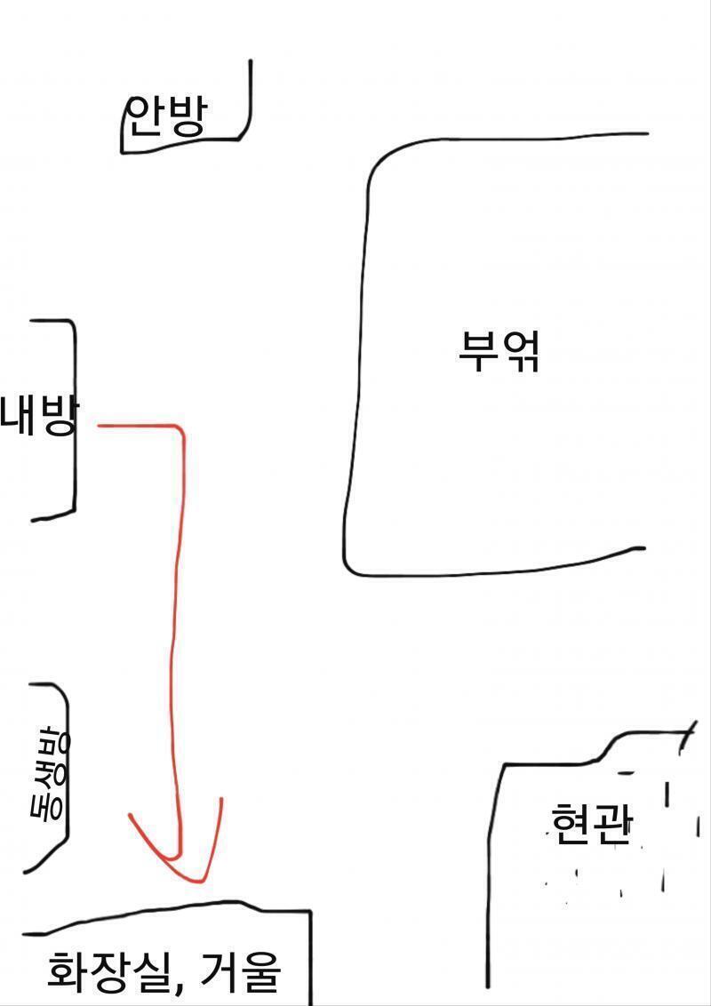 우리집 구조가 이런데 빨간색 화살대로 화장실가는데 화장실 문 열어놓으면 거울로 안방까지 다보이는 직선이거등