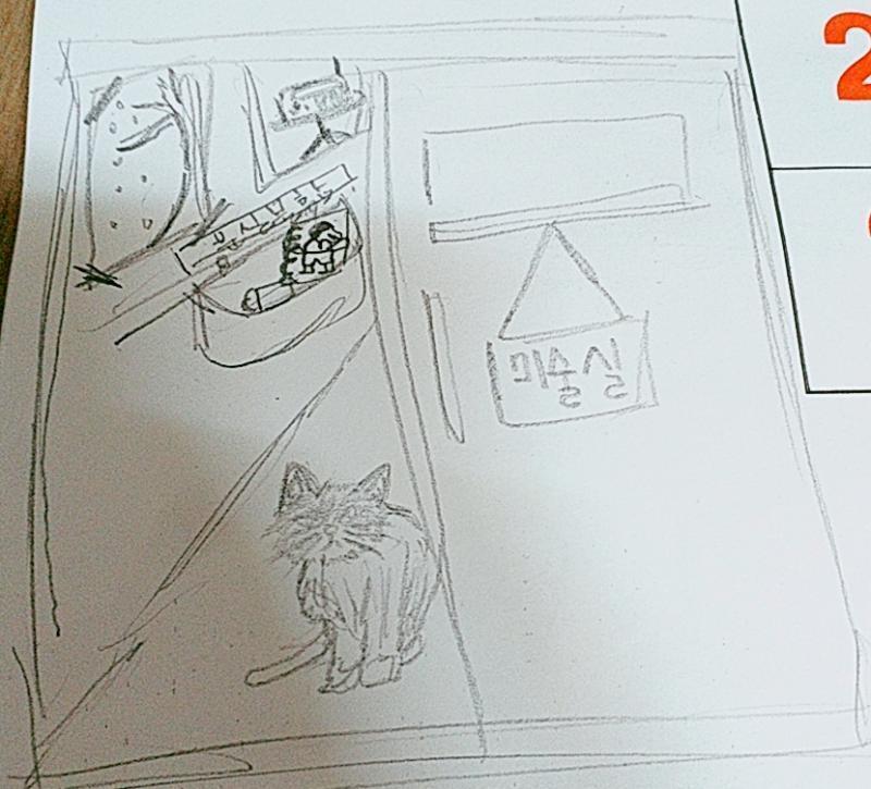 미술실이 배경!! 미술실 앞에서 문을 여니 고양이가 있고 뒤에 학생 작품으로 겨울 그림과 라디오그림이 있어! 그리고 그 아래에 분실물함을 그려서