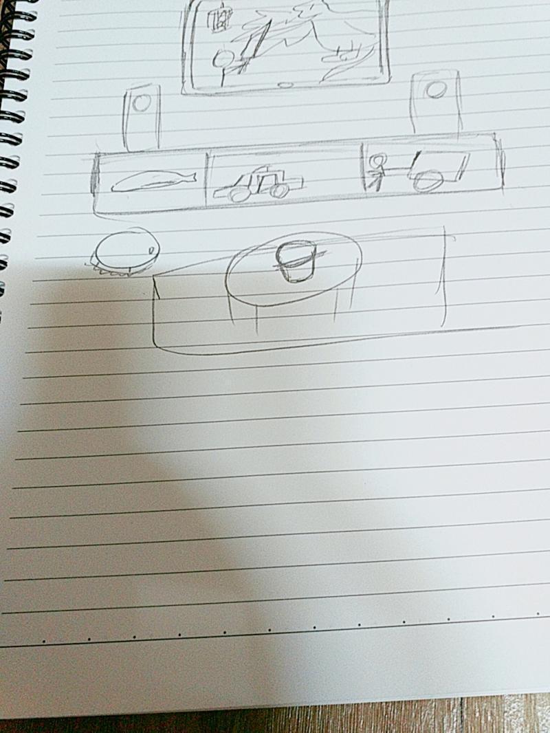 왕관 쓴 공주가 드래곤에게 납치 당해서 용사가 칼들고 드래곤이랑 싸우는 장면을 티비어 담았고 티비선반에 그림으로 김첨지(인력거꾼), 경찰차, 정