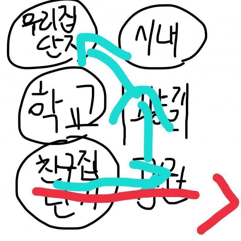 파란색으로 표시한게 내가 간 루트고 방향 틀린적 없어 빨간색으로 표시한게 롯데마트로 가는 길이고 내가 사는 시에 롯데마트는 하나밖에 없거든