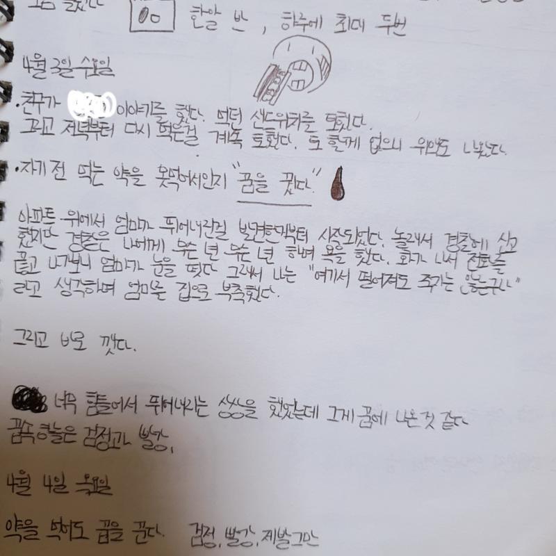 19.04.03.수 - 약 안먹고 자서 그런지 꿈을 꿨다 아파트 위에서 엄마가 뛰어내린걸 발견한거부터 시작되었다. 놀래서 경찰에 신고했지만 경찰