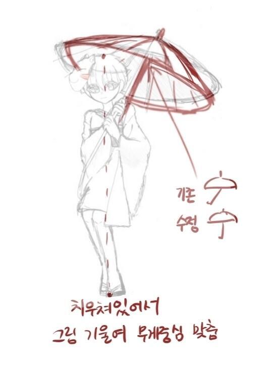 >>14 우산이랑 무게중심 수정해봤어! 원본 그림에서는 발이 왼쪽으로 치우쳐 있어서 캐릭터가 금방 넘어질 것 같아. 그래서 그림 기울여 무게중심