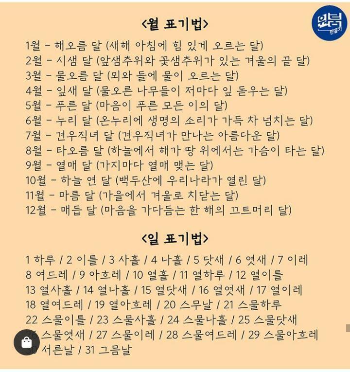 -킹왕짱 댄스스타 -만들어진 날짜 날에 순 우리말로 만들기 ex) 3/5 → 물오름달 닷새