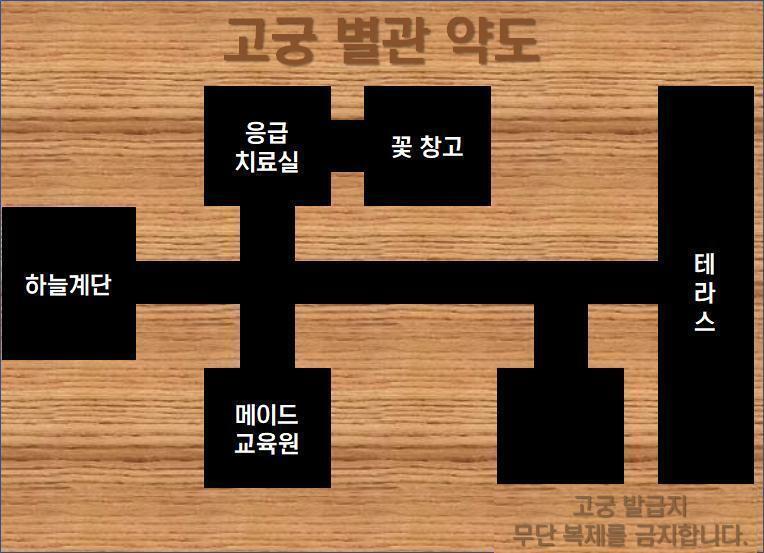 응급치료실? 응급치료라니. 옆의 꽃 창고를 보고 주변을 둘러보니, 정말 응급치료실에는 문이 두 개가 있었다. 응급치료실 벽에 달려있는 약도를 보
