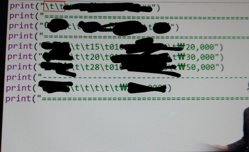 어떻게 프린트함수를 저렇게 여러 줄에 쓸 수 있어...? 엔터 눌러야되잖아... 이스케이프문자 적용 안 된 거랑 >>이거 안 뜨는 거 보니까 엔