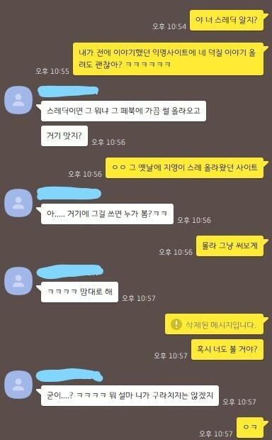 컴퓨터 캡쳐한 거라 화질이 좀 안 좋을 수 있는데 우선 얘 허락 받았다 위에 메세지 삭제한 건 오타가 나서; 난 오타 같은 거 나면 상대방 답장