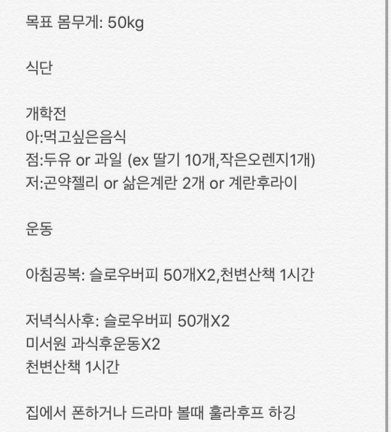 이건 다시 세운 계획! 지금까지 해본거로 나는 운동 많이하고 덜먹으면 너무 힘들더라고 나중에 식단 안하게 될때 너무 요요가 심할 것 같기도 하고