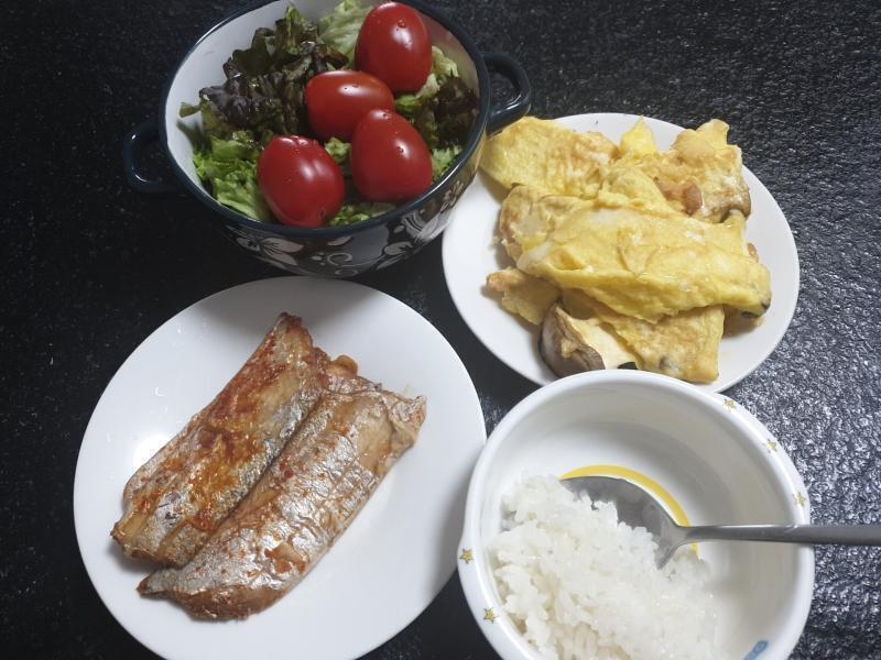 4월 6일 갈치 조림(갈치 한 덩이), 밥 두 숟갈 갈치조림(갈치 세 덩이), 버섯전(새송이 2개), 밥 두 숟갈 두유, 샐러드(상추, 방울토마