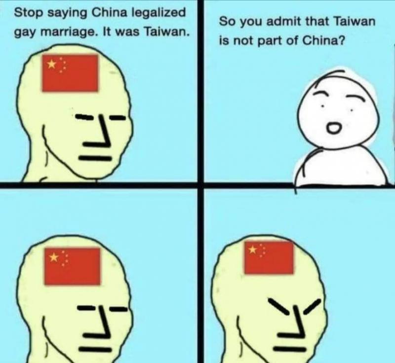 중국에서 동성 결혼 합법화 됐다고 하지좀 마. 합법화 시킨 건 중국에서가 아니라 아니라 대만에서야 그럼 지금 대만은 중국의 일부가 아니라는 걸 