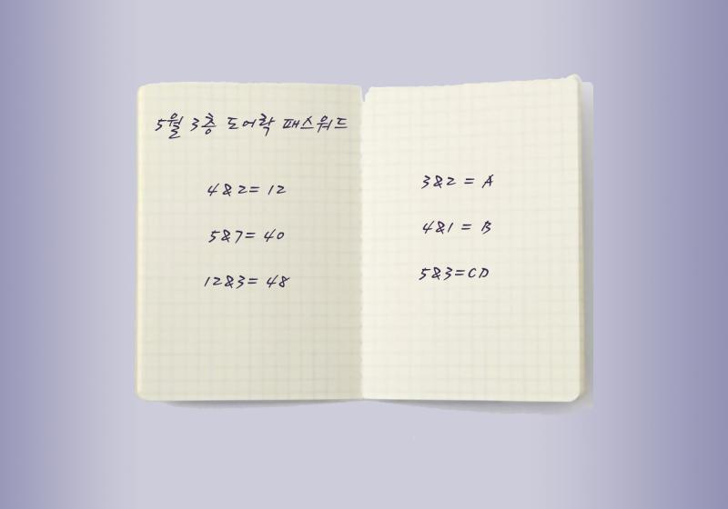 그의 말을 들은 당신은 이곳에서 발견한 단서를 보여줘도 될 것같다고 생각했다. 1)다이어리 2)노란 메모지 3) 3층 도어락