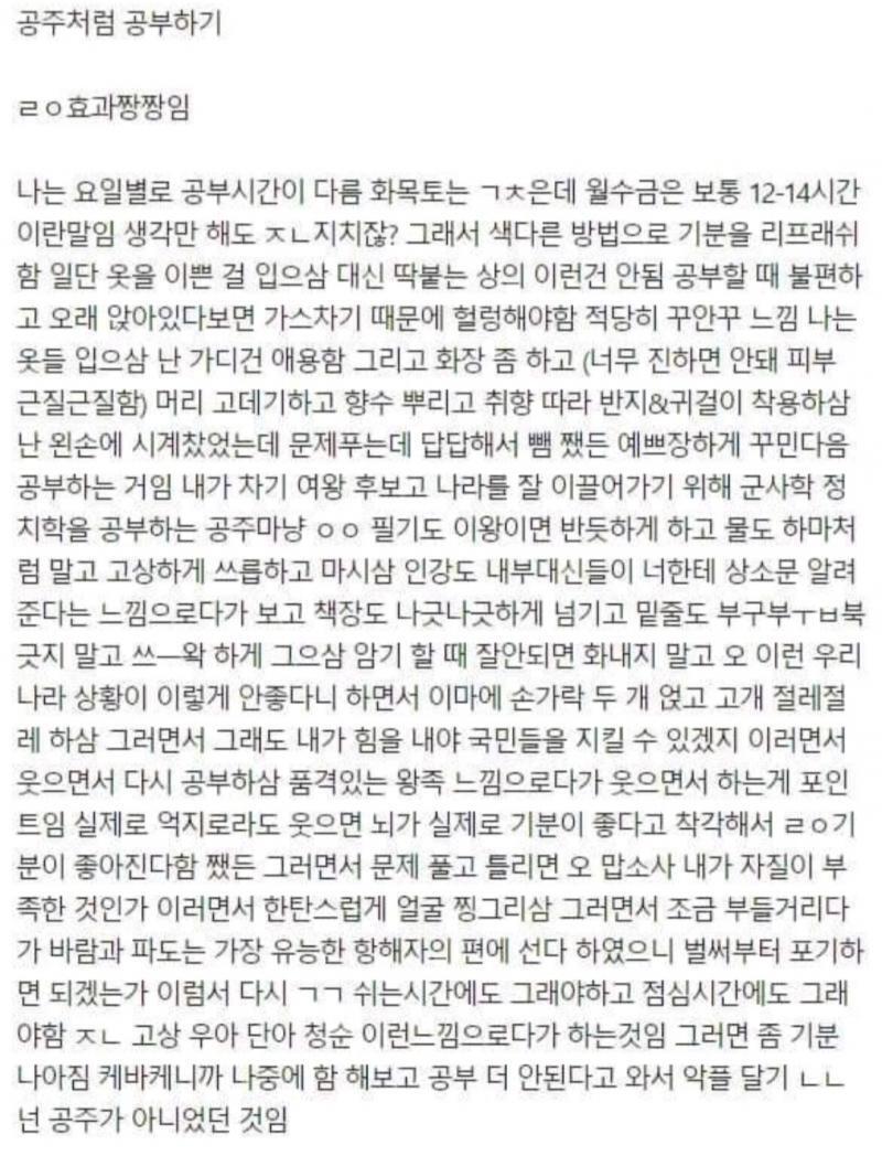 어디서 본 건데 공주 공부법 해봐 근데 솔직히 저런 거는 즐기면서 하는 거고 진짜 열심히 해야된다 하면 계획표부터 써 무작정 하지 말고. 오늘