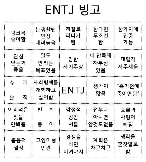 ENTJ는 대담한 통솔자네, 리더십 완벽주의 계획형인간이라고 해 신기하면 인터넷에 ENTJ 특징 검색해봐