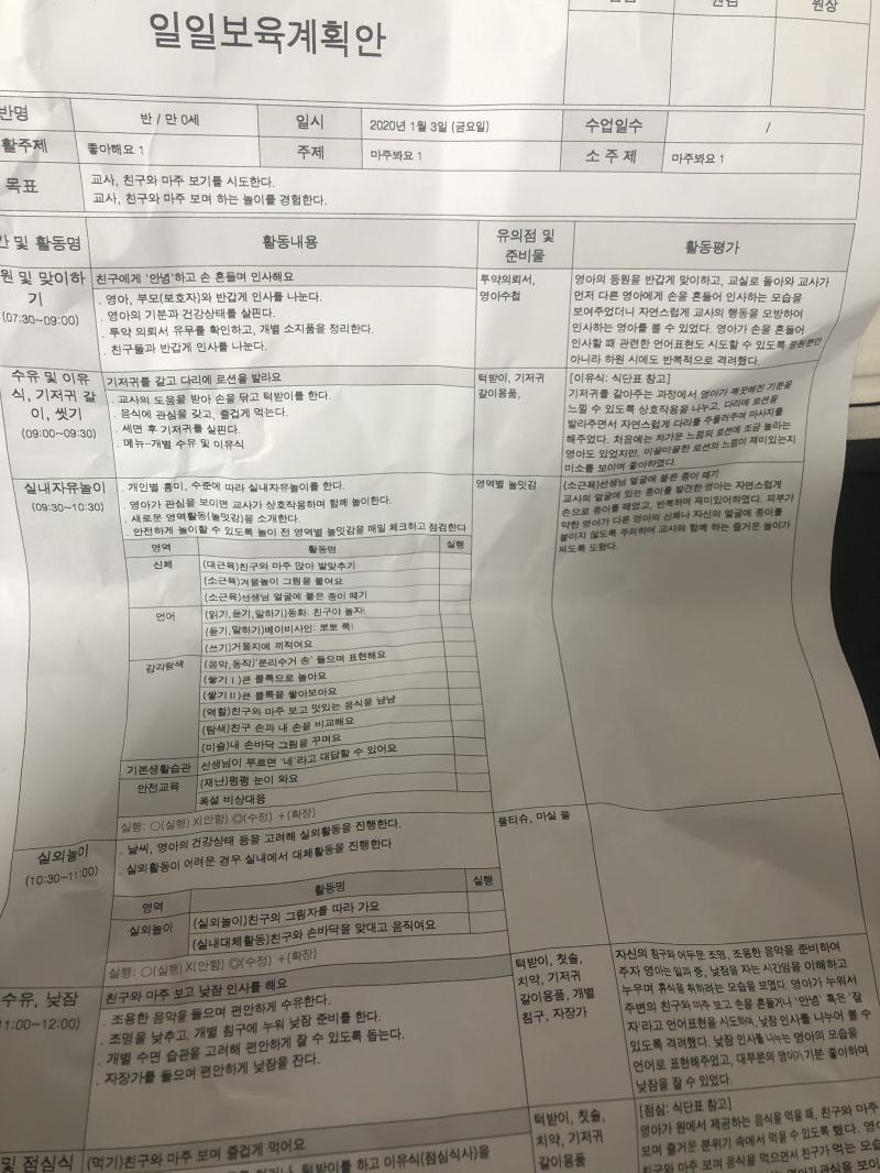 이런식으로 보육원 계획안? 같은게 있는데 똑같은 형식으로 4장이 더 있는데 평가 내용이나 작성된 내용은 다 다른것 같아