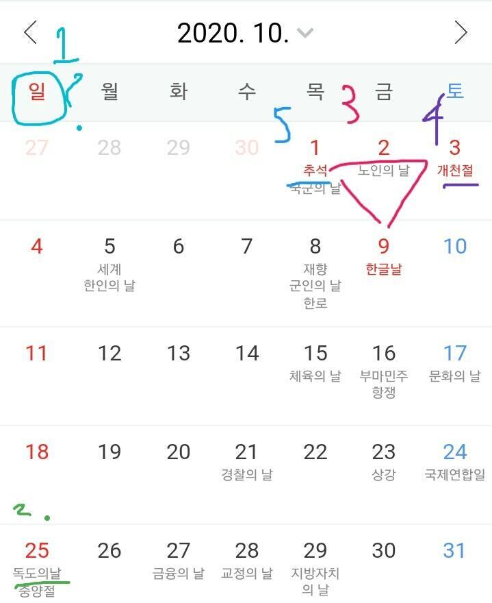 >>1 1. 우리는 겹치지 않는다 1 during 1 (일요일?) 2. 이곳은 물이 있다? (독도의 날?) 3. 빨강이 난다 (공휴일?) 4.