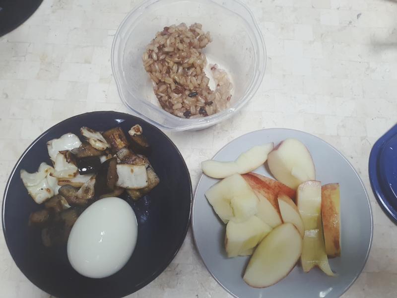 아침공복 58.6 아침밥 양배추 가지 볶음, 귀리밥 반쪽, 삶은달걀 하나, 천도복숭아 하나 아침간식 터키구름과자 그거 점심 방토 한그릇, 브라질