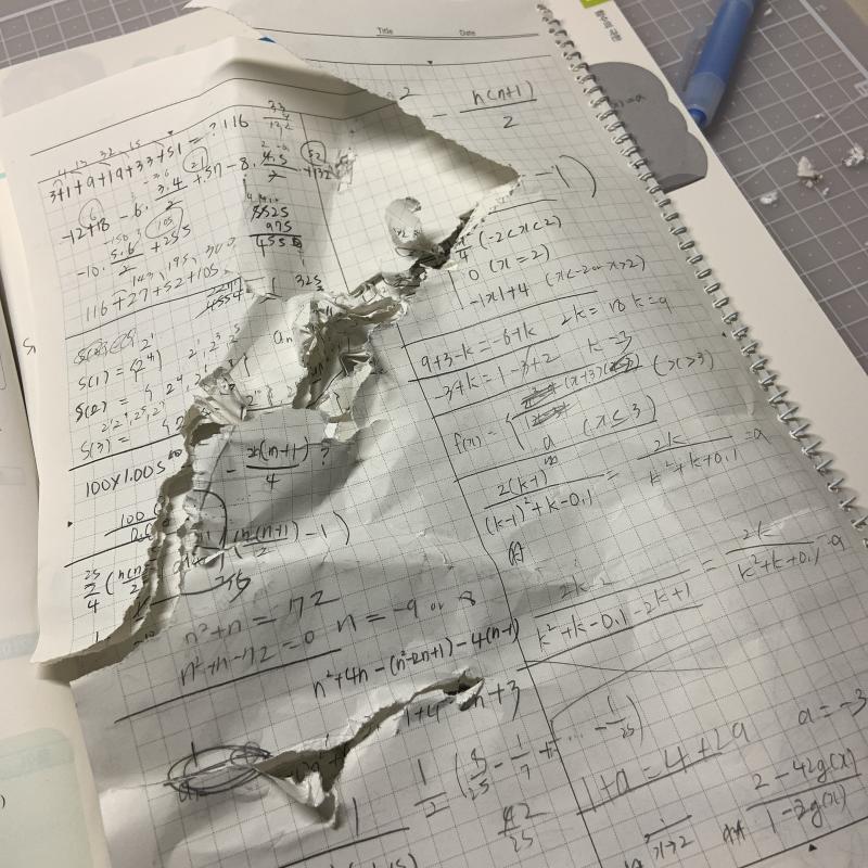 방금도 문제 풀다가 노트 막 찢었는데 좀 진정하고 보니까 진짜 엄청 찢어놨더라. 이 새벽에 책상 발로 차고 허벅지 주먹으로 쾅쾅 치고...