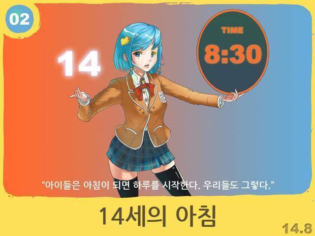2. 14세의 아침 1. 14, 8, 30 숫자를 강조하는 것 같음. 2. 배경이 태극문양을 연상시킴.