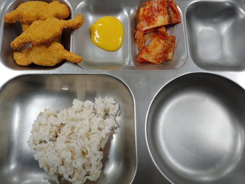 아침-6시 40분 밥 ⅔, 용가리(머스타드) 5조각, 배추김치 2조각