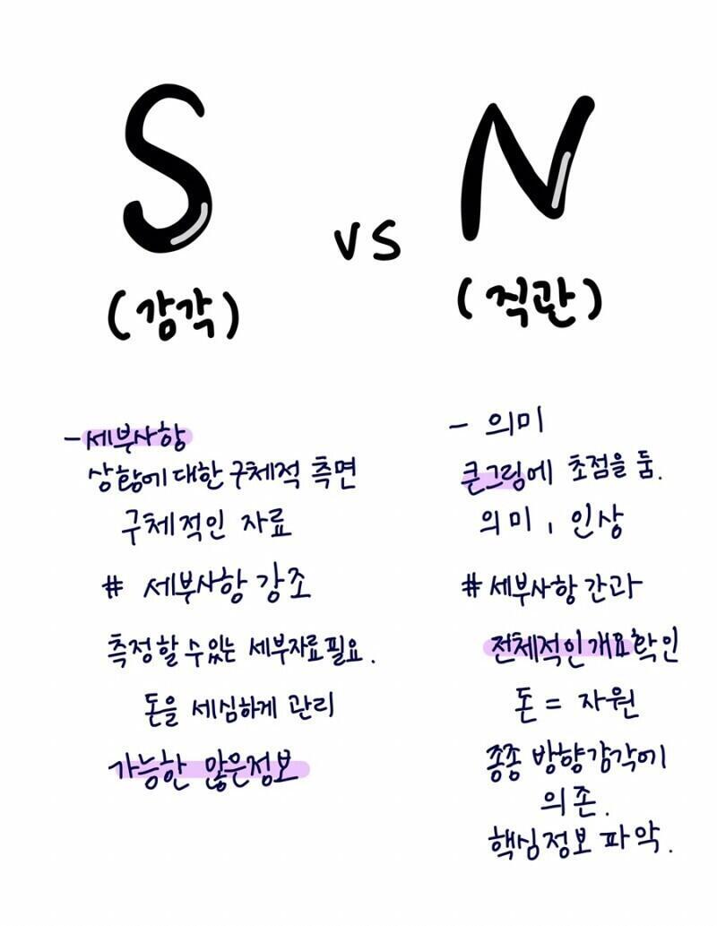 그냥 뭐 보이는 대로 s과 n의 차이.. 전체적인 숲과 세부적인 나무 중 어디를 보는지, 지향하는 목표의 종류는 뭔지, 외부 요소를 어떻게 인식
