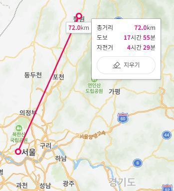 와.... 확률을 올려줘도 실패하네..... 그리고 한 번 거리를 쟤봤습니다. 서울시청에서 철원의 군탄공원까지가 72km 라군요. 도보로 17시